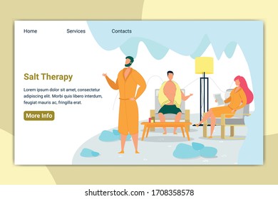 Salt Therapy in Salon or Hotel. Guest Sitting in Comfortable Armchair Wearing Bathrobe and Having Rest, Relaxing Banner. Medical Procedure Landing Page Flat Cartoon Vector Illustration.