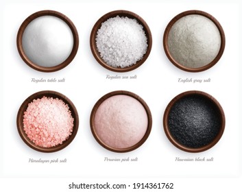 Salt types realistic set with top view of colorful sea salt in dishes with text captions vector illustration