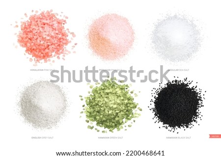 Salt types realistic set with top view of colorful sea salt with text captions isolated on white background