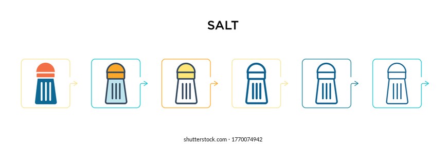 Icono vectorial de sal en 6 estilos modernos diferentes. Iconos de sal negros, de dos colores diseñados en el estilo relleno, contorno, línea y trazo. La ilustración vectorial se puede usar para web, móvil, ui