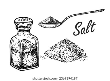 
Salz. Vektorgrafik eines Salzhügels. Salzkeller und Löffel salziger Geschmack würzen. Hefen von Pulver und Löffel mit Natriumkristallen. Vintage-Poster. Handgezeichnete Skizze mit Gravur. 