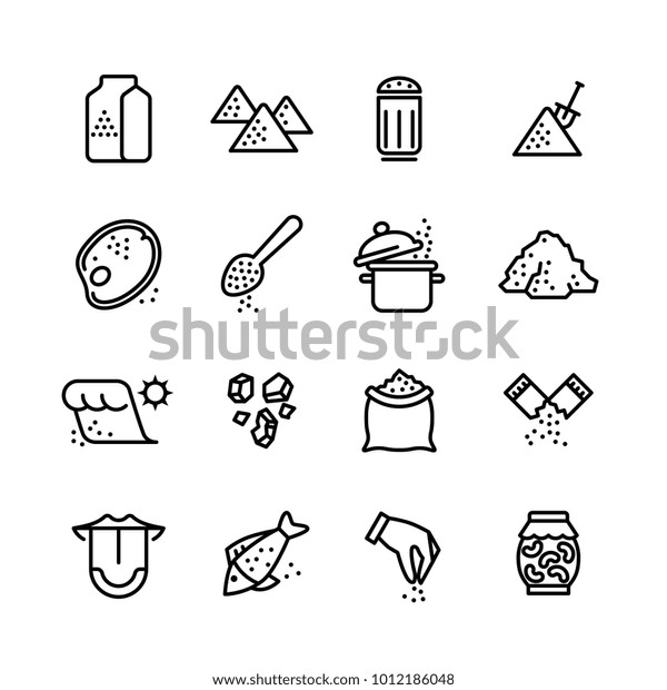 Salt vector line icons set. Illustration of salt\
icon for cook meat and\
fish