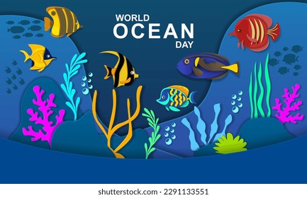 Salt Water Aquarium World Ocean Day Cover Background. Paper cut underwater sea background vector.