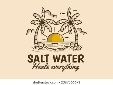 Salt water heals everything. Vintage line art illustration of a beach with big sun