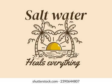 Salt water heals everything. Vintage line art illustration of a beach with big sun