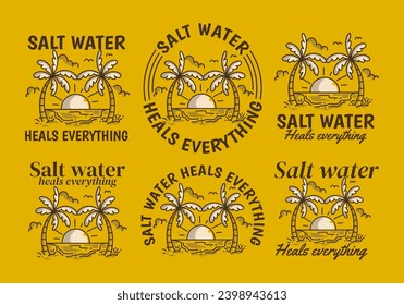 Salt water heals everything. Vintage line art illustration of a beach with big sun