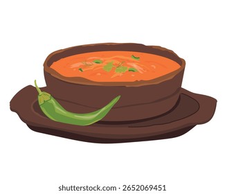 Saltah é um prato nacional do Iêmen. É feito de um guisado de carne marrom chamado marak e sahavik. Saltah é servido para almoço em um pote de pedra chamado harada ou maghla. Ilustração vetorial em estilo plano