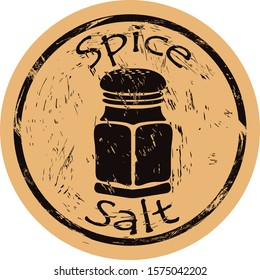 Salt-cellar with salt spice icon vector round shabby emblem design, old retro style. Spice ingredient for food logo mail stamp on craft paper. Cooking ingredient vintage grunge sign. Salt shaker