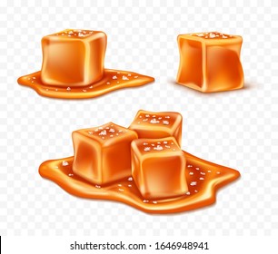 Salted caramel candies with caramel sauce isolated on transparent. Vector realistic illustration