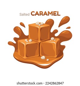 Salted caramel cubes naturally and artificially flavored headline isometric vector illustration. Melting sweet delicious dessert creamy candy nutritious sugar toffee sauce topping cooking ingredient