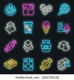 Salted Caramel Icons Set. Outline Set Of Salted Caramel Vector Icons Neon Color On Black