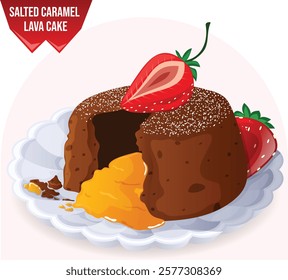 Salted Caramel Lava Cake Served in Plate with Strawberry and Powdered Sugar Topping. Isolated French Romantic Valentine's Pastry Illustration  