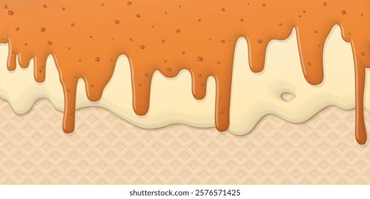 Salted caramel pouring on melted vanilla ice cream with ice cream cone texture background graphic illustration have blank space.