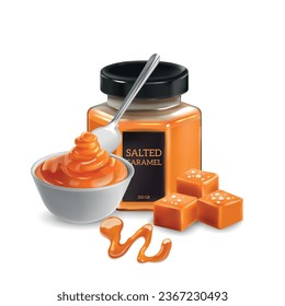 Salted caramel realistic composition with liquid candy cream and toffee candies vector illustration