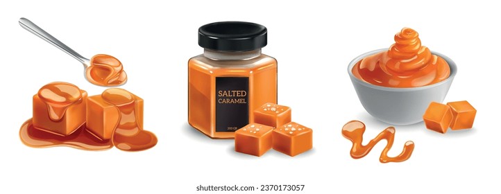 Salted caramel realistic compositions consisting of appetizing caramel cubes and sweet sauce in bowl and jar isolated vector illustration