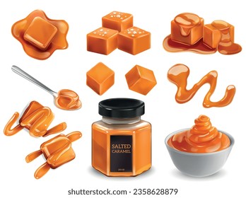 Salted caramel realistic set of melting caramel cubes syrup spill and sweet sauce in jar isolated vector illustration