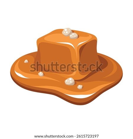 Salted caramel toffee melting cube piece with salty sweet delicious dessert isometric vector illustration. Gourmet food snack pouring culinary ingredient candy sugar creamy confectionery