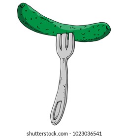 Salted cucumber on fork icon. Vector illustration of a fork with cucumber.  Hand drawn cucumber.