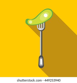 Salted cucumber on a fork icon in flat style on a yellow background