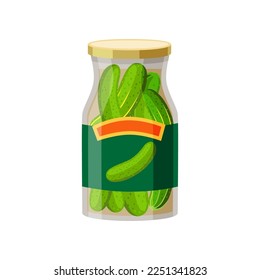 Salted cucumbers in glass jar isolated on white background. Tinned food cartoon illustration. Pantry, grocery, storage concept