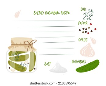 Salted cucumbers recipe with copy space. Jar preserved vegetables with ingredients for recipe, vegetables and spices. Hand drawn doodle sketch isolated on white. Flat vector Food recipe template