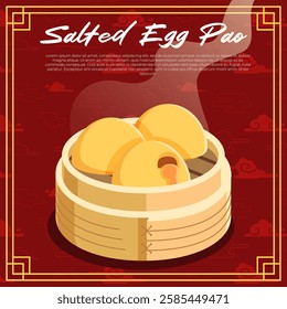 Salted Egg Pao in a bamboo steamer with a red cloud Chinese background vector illustration