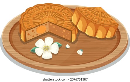 Salted egg yolk mooncake on wooden plate illustration