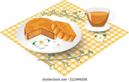 Salted egg yolk mooncake with teacup set on tablecloth illustration
