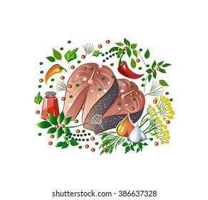 Salted fish, herring fillet, herbs, spices and seasonings. Vector illustration.