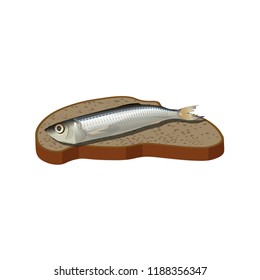 Salted fish on bread. Sprat sandwich. Vector illustration isolated on white background