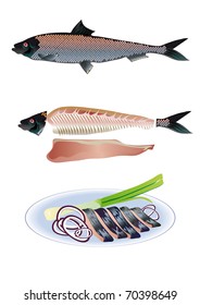 salted herring whole, split and sliced with onion