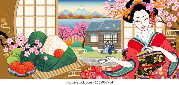 Salted plum rice ball ads with beautiful geisha and cherry blossom in ukiyo-e style