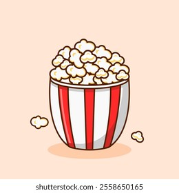 Salted popcorn in a red and white striped paper container. Vector illustration of a pack of fast food, popcorn for watching a movie or cinema designed in cartoon flat style.