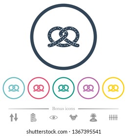 Salted pretzel flat color icons in round outlines. 6 bonus icons included.