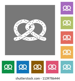 Salted pretzel flat icons on simple color square backgrounds