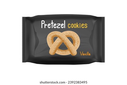 Salted pretzels in a black bag with crumbs next to it. Vector illustration in 3D style.