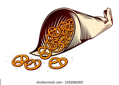 Salted pretzels in packaging cone of paper bag. Сrispy snacks for beer. German traditional food for beer fest Oktoberfest. Colored vector hand drawn illustration in vintage retro inked engraved style.