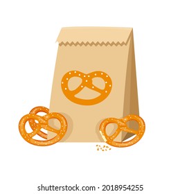 Salted pretzels in a paper bag with crumbs next to it. Vector illustration in cartoon style of snacks in eco packaging.