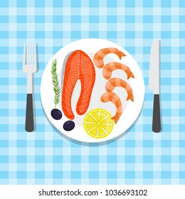 Salted red fish with a slice of lime, shrimp and olives . A dish of seafood delicacies. Vector.