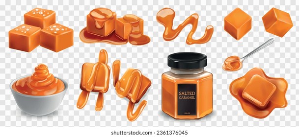 Salted and unsalted square toffee candies glazed with caramel sauce realistic at transparent background isolated vector illustration