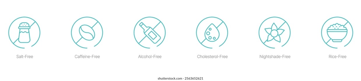 Salt-Free, Caffeine-Free, Alcohol-Free, Cholesterol-Free, Light Shade-Free, and Rice-Free Vector Icon Set for Healthy Beverage Options