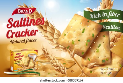 Saltines cracker ads, tasty saltines in salty and scallion flavour with ingredients isolated on bokeh background in 3d illustration