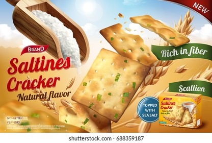 Saltines cracker ads, tasty saltines in salty and scallion flavour with a scoop of salt isolated on outdoor background in 3d illustration