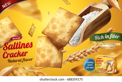 Saltines cracker ads, tasty saltines with a scoop of sea salt isolated on yellow background in 3d illustration