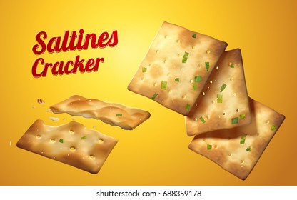 Saltinas elemento de galleta, sabrosas saltinas en sabor salado y cebolleta aislado sobre fondo amarillo en la ilustración 3d