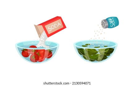 Salting Greenery and Pouring Soda in Bowl with Steeping Tomato as Vegetable Cooking Process Vector Set