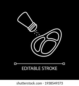 Salting meat for cooking white linear icon for dark theme. Preparing pork steak. Seasoning fillet. Thin line customizable illustration. Isolated vector contour symbol for night mode. Editable stroke