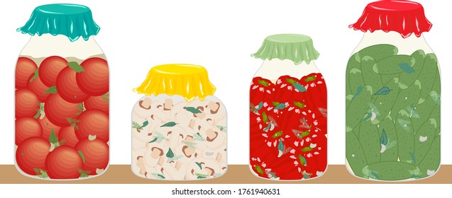 Salting and pickle-jar cucumbers, tomatoes, garlic, pepper, dill, parsley. Illustration for domestic preparations and recipes.