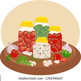 Salting and pickle-jar cucumbers, tomatoes, garlic, pepper, dill, parsley. Illustration for domestic preparations and recipes.