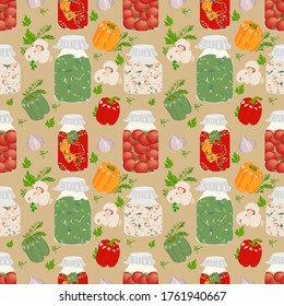 Salting and pickle-jar cucumbers, tomatoes, garlic, pepper, dill, parsley. Illustration for domestic preparations and recipes.
